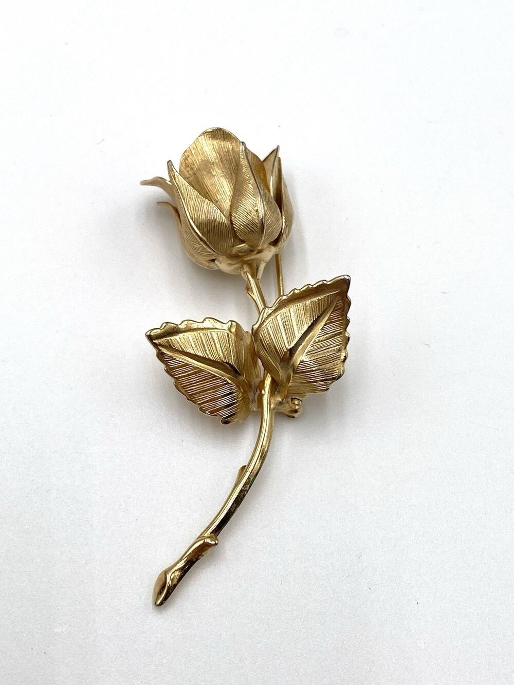 Vintage Gold Tone Giovanni Single Long Stem ROSE Flower Brooch / Pin